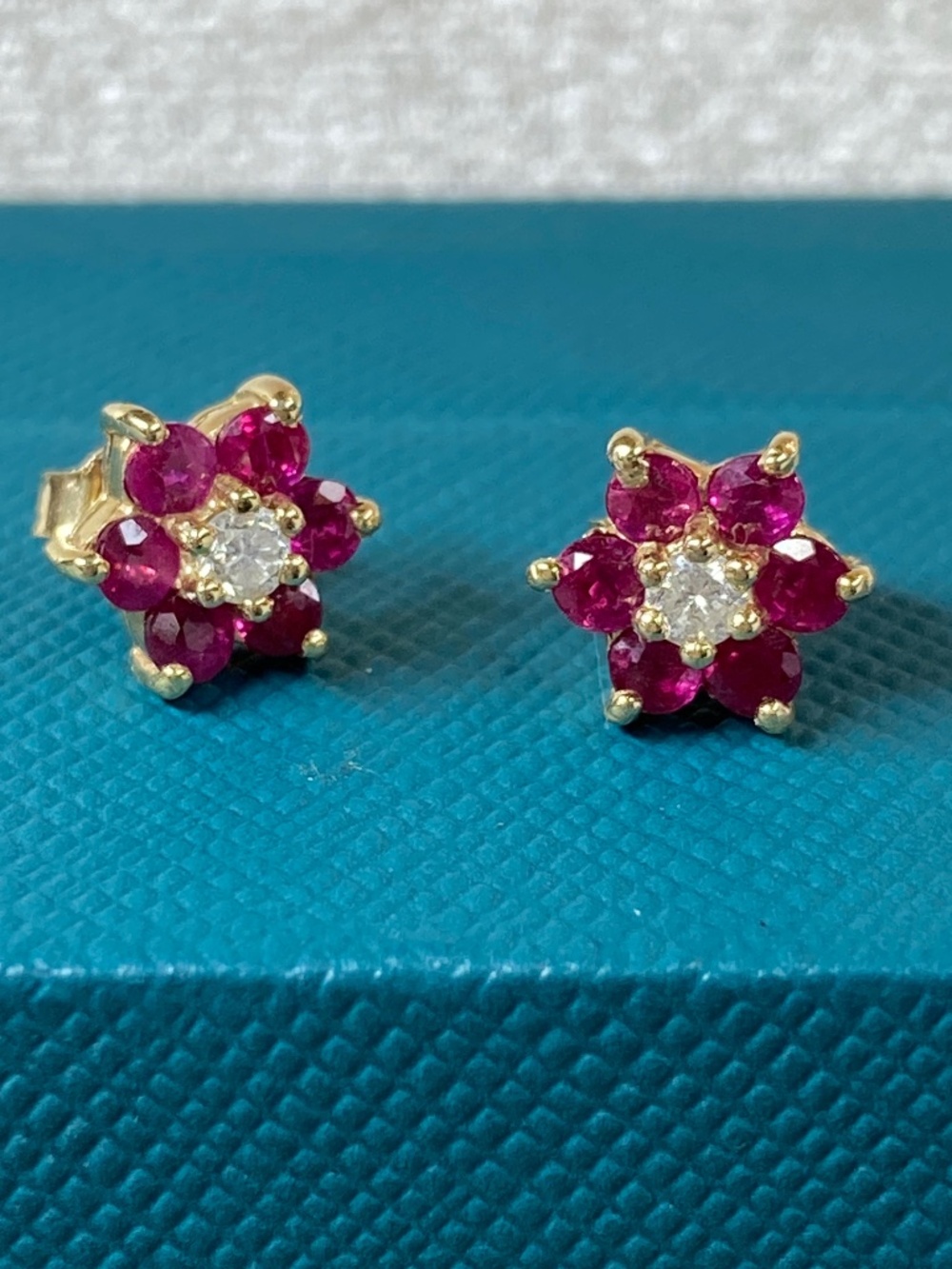 Authentic Vintage BH Effy Archive 14K Gold Diamond & Ruby Floral Stud Earrings